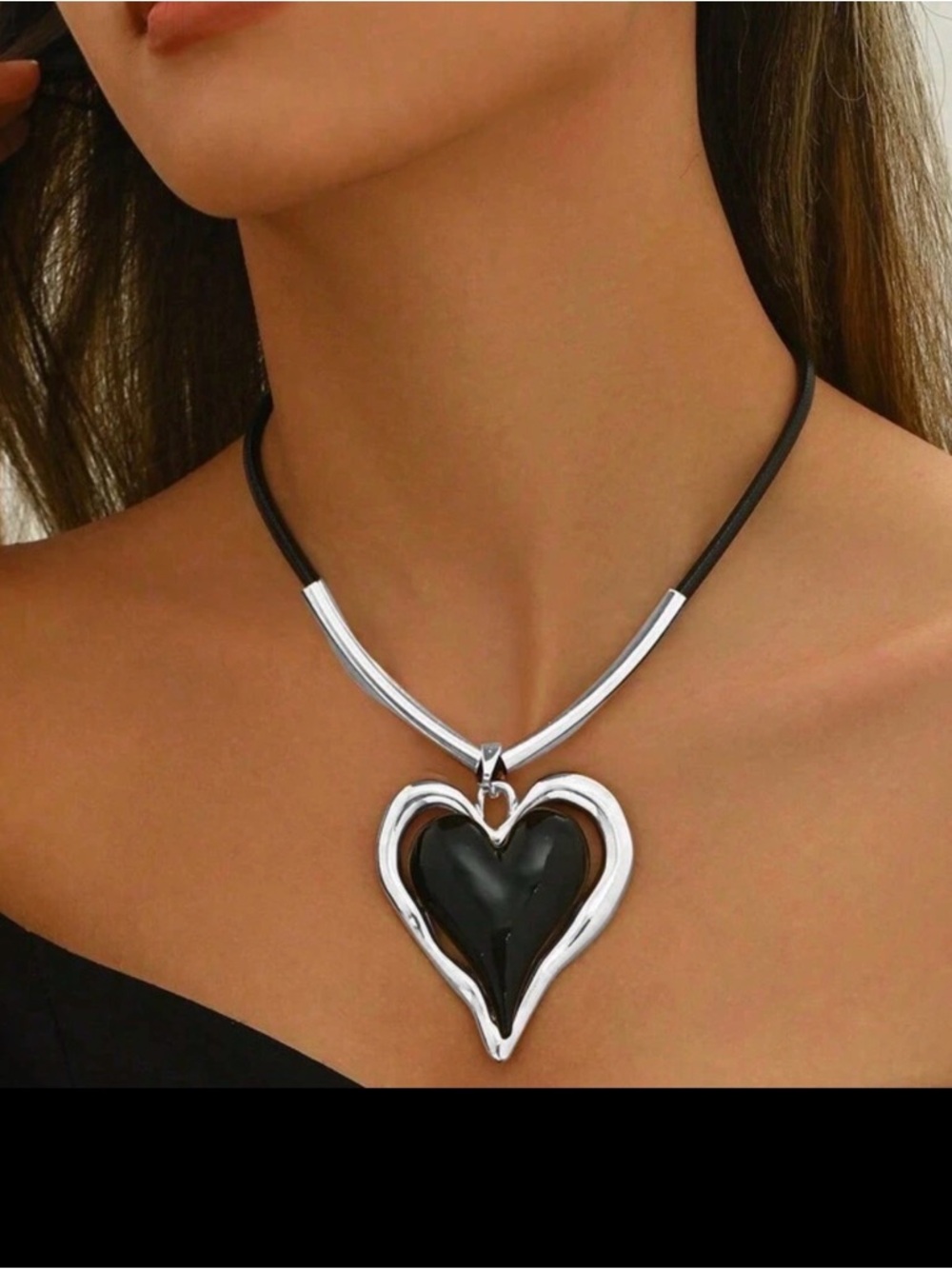 Silver Heart Pendant Necklace with Black Center - Women's Jewelry